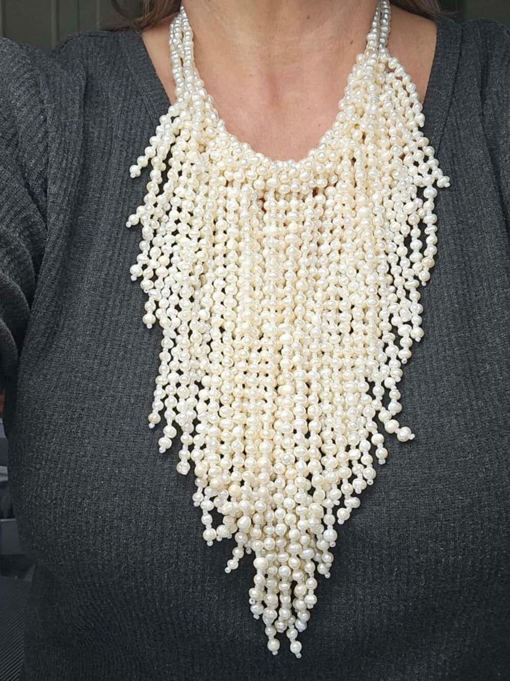 CHICO'S Faux Pearl Fringe Bib Statement necklace White pearls Silver Tone chain